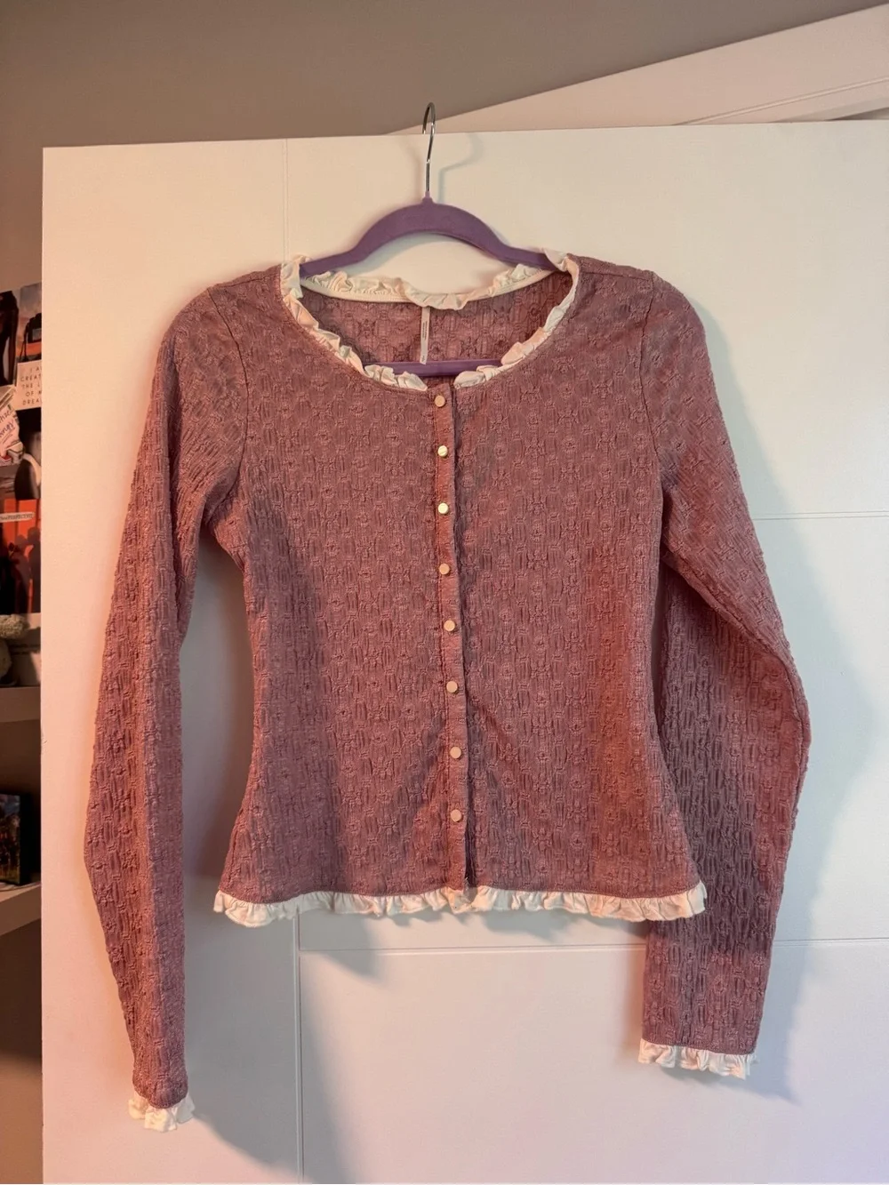 Free People Blackbird Cardi Textured Ruffle-Trim Button Top